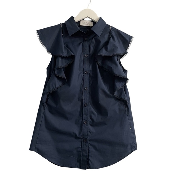 Pearl Tops - Pearl Navy Ruffle Sleeveless Button-Front Blouse